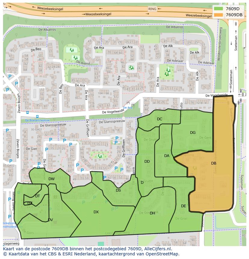 Afbeelding van het postcodegebied 7609 DB op de kaart.