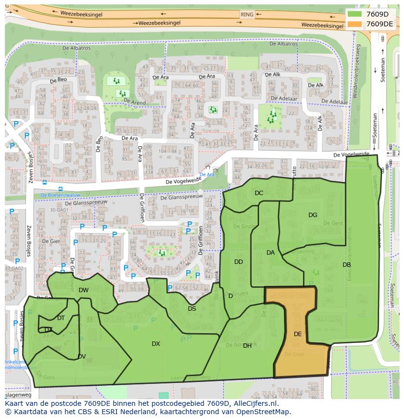 Afbeelding van het postcodegebied 7609 DE op de kaart.