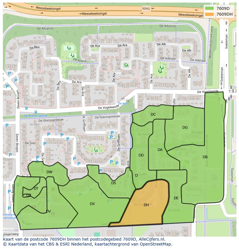 Afbeelding van het postcodegebied 7609 DH op de kaart.