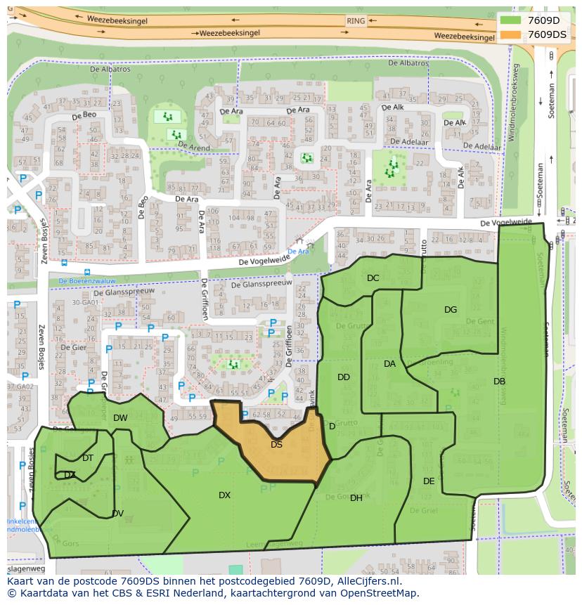 Afbeelding van het postcodegebied 7609 DS op de kaart.