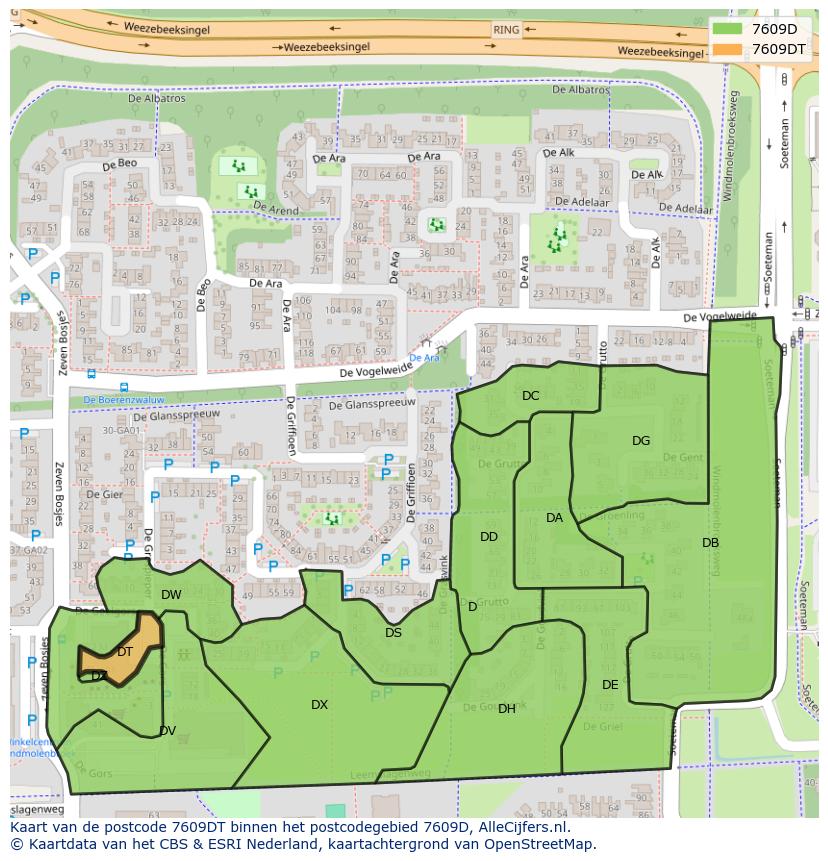 Afbeelding van het postcodegebied 7609 DT op de kaart.