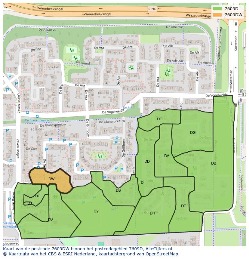 Afbeelding van het postcodegebied 7609 DW op de kaart.