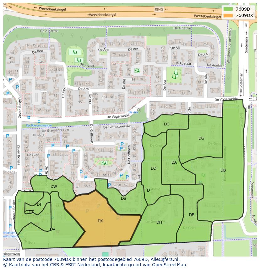 Afbeelding van het postcodegebied 7609 DX op de kaart.