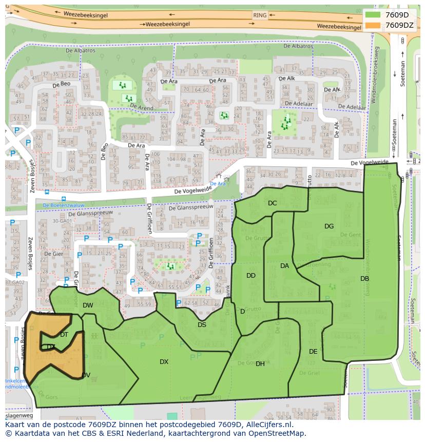 Afbeelding van het postcodegebied 7609 DZ op de kaart.