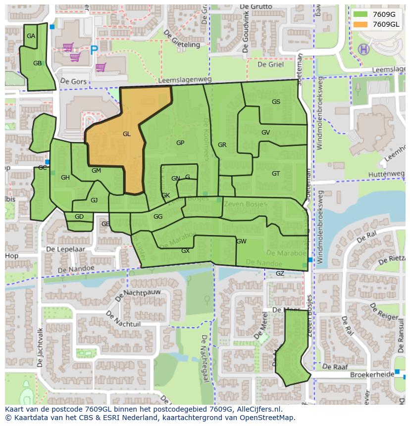 Afbeelding van het postcodegebied 7609 GL op de kaart.