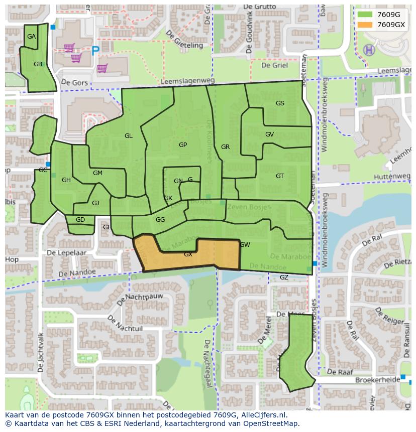 Afbeelding van het postcodegebied 7609 GX op de kaart.