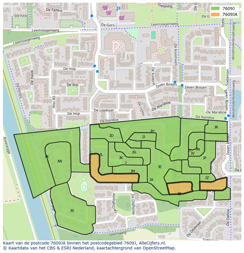 Afbeelding van het postcodegebied 7609 JA op de kaart.