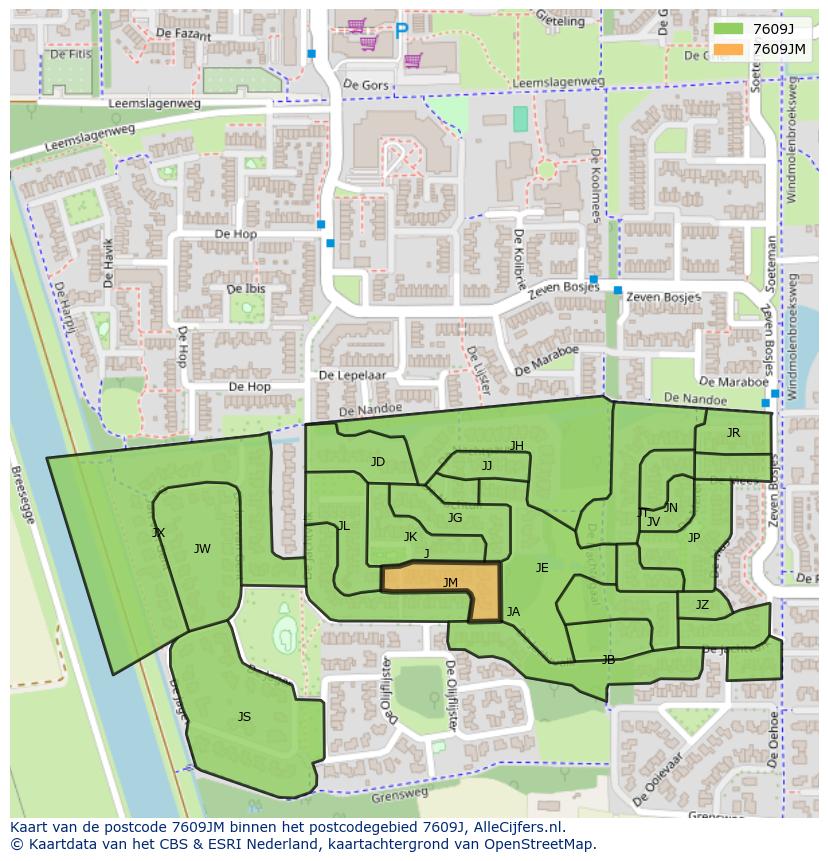 Afbeelding van het postcodegebied 7609 JM op de kaart.