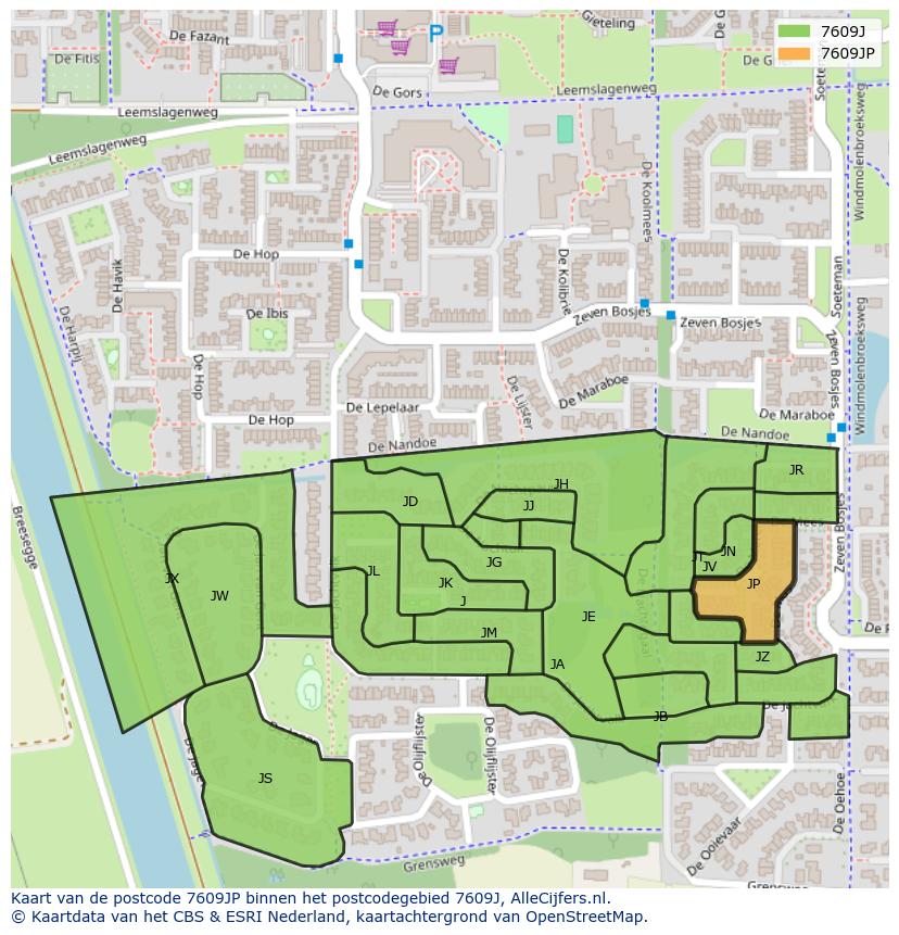 Afbeelding van het postcodegebied 7609 JP op de kaart.