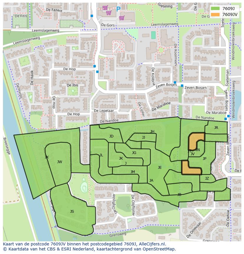 Afbeelding van het postcodegebied 7609 JV op de kaart.