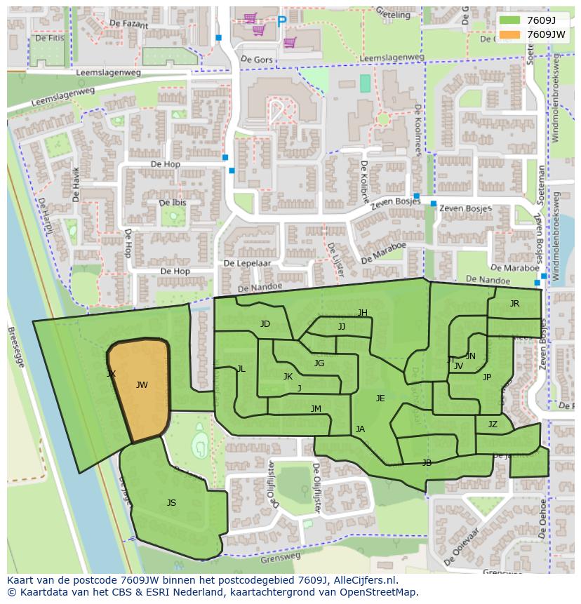 Afbeelding van het postcodegebied 7609 JW op de kaart.
