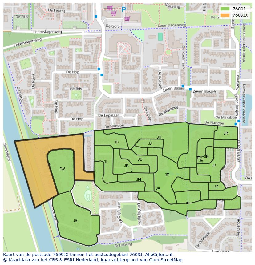 Afbeelding van het postcodegebied 7609 JX op de kaart.