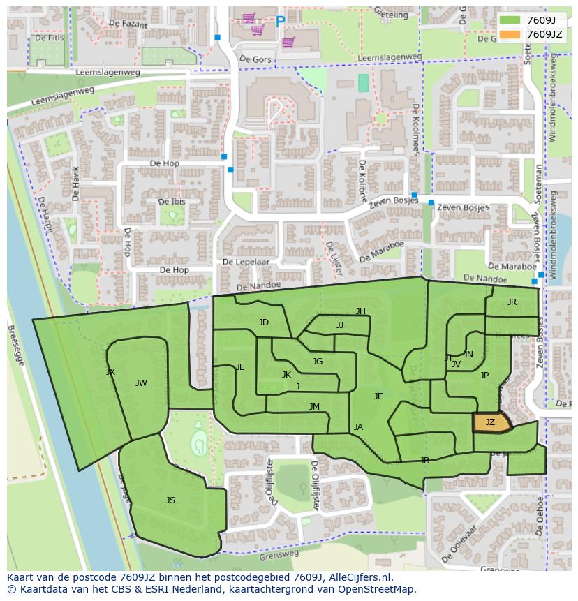 Afbeelding van het postcodegebied 7609 JZ op de kaart.