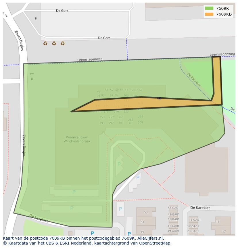 Afbeelding van het postcodegebied 7609 KB op de kaart.