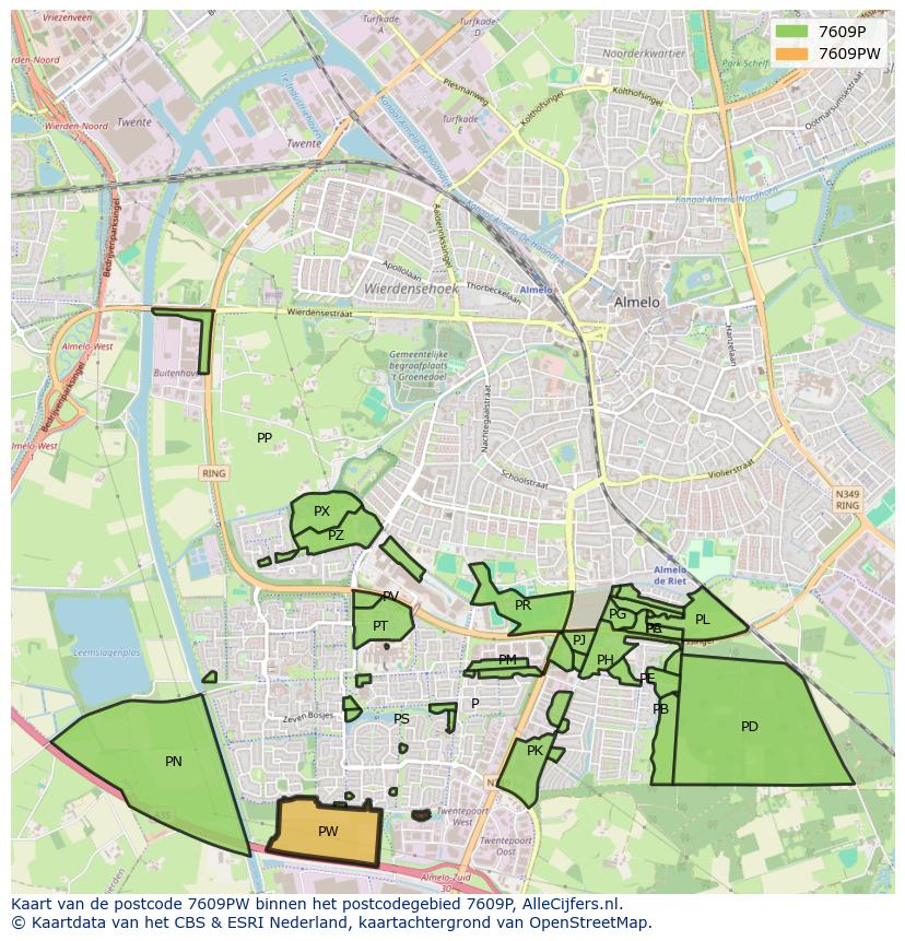 Afbeelding van het postcodegebied 7609 PW op de kaart.