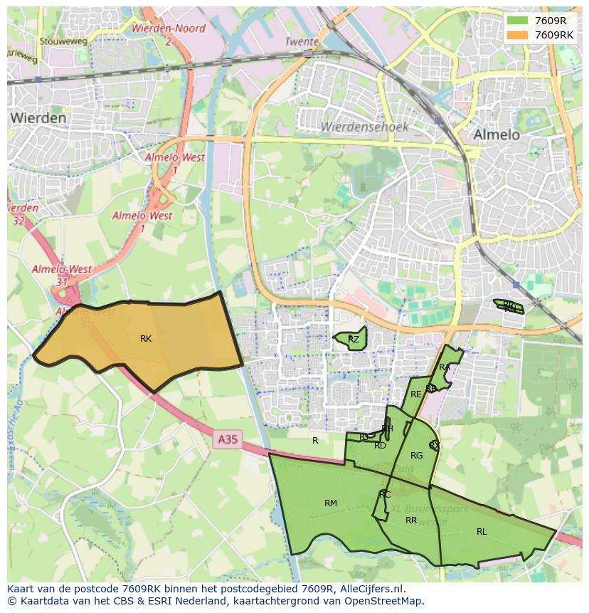 Afbeelding van het postcodegebied 7609 RK op de kaart.