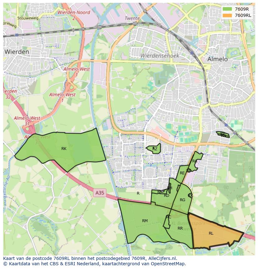 Afbeelding van het postcodegebied 7609 RL op de kaart.