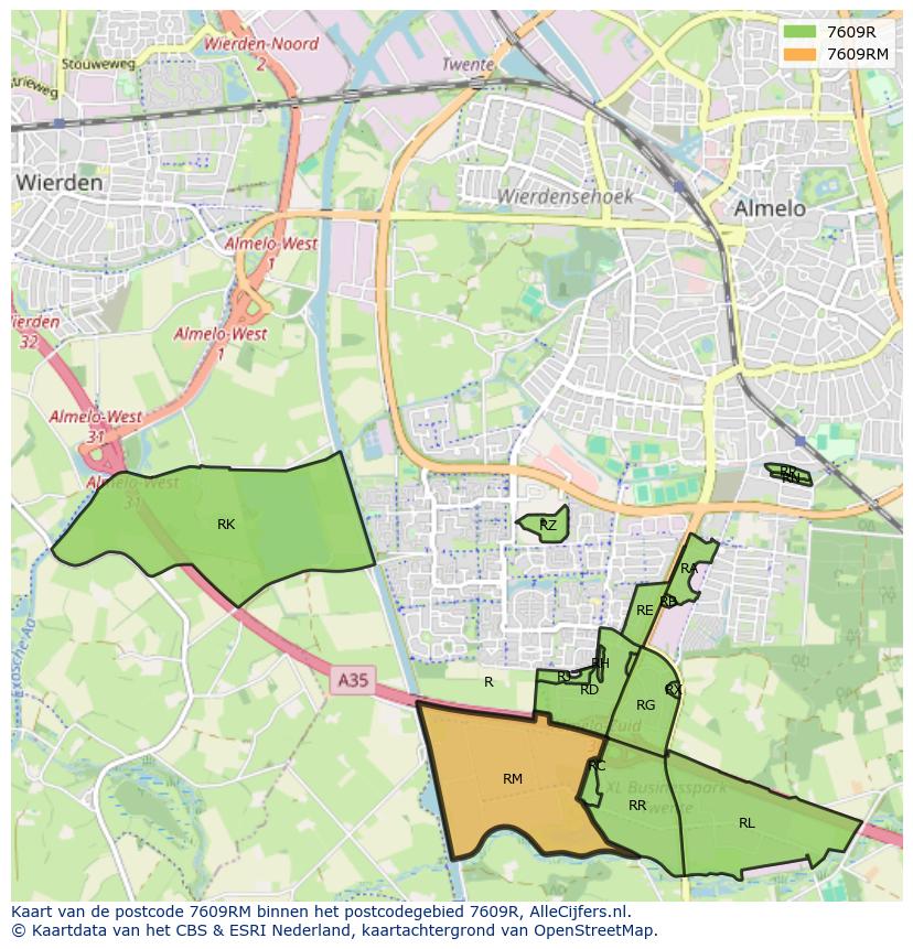 Afbeelding van het postcodegebied 7609 RM op de kaart.