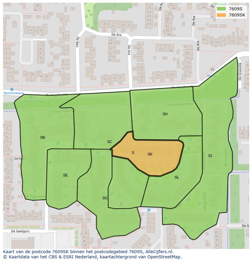 Afbeelding van het postcodegebied 7609 SK op de kaart.