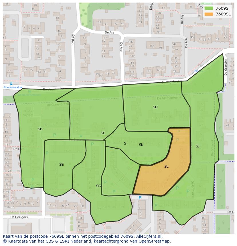 Afbeelding van het postcodegebied 7609 SL op de kaart.