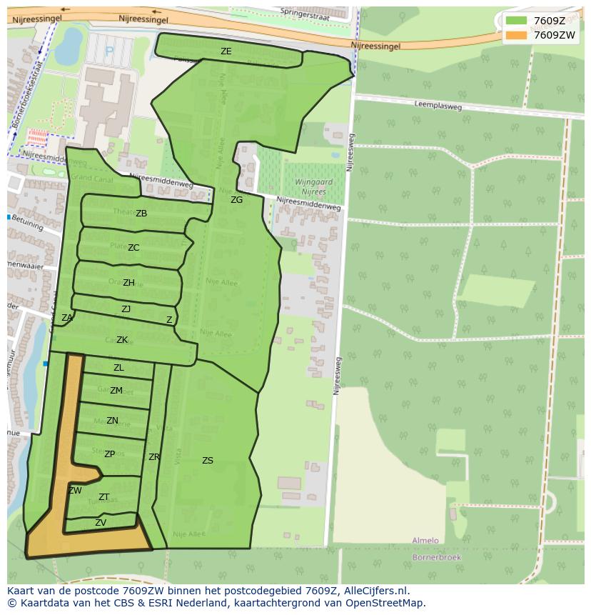 Afbeelding van het postcodegebied 7609 ZW op de kaart.