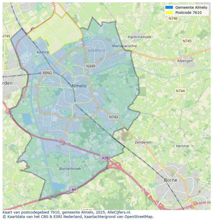 Afbeelding van het postcodegebied 7610 op de kaart.