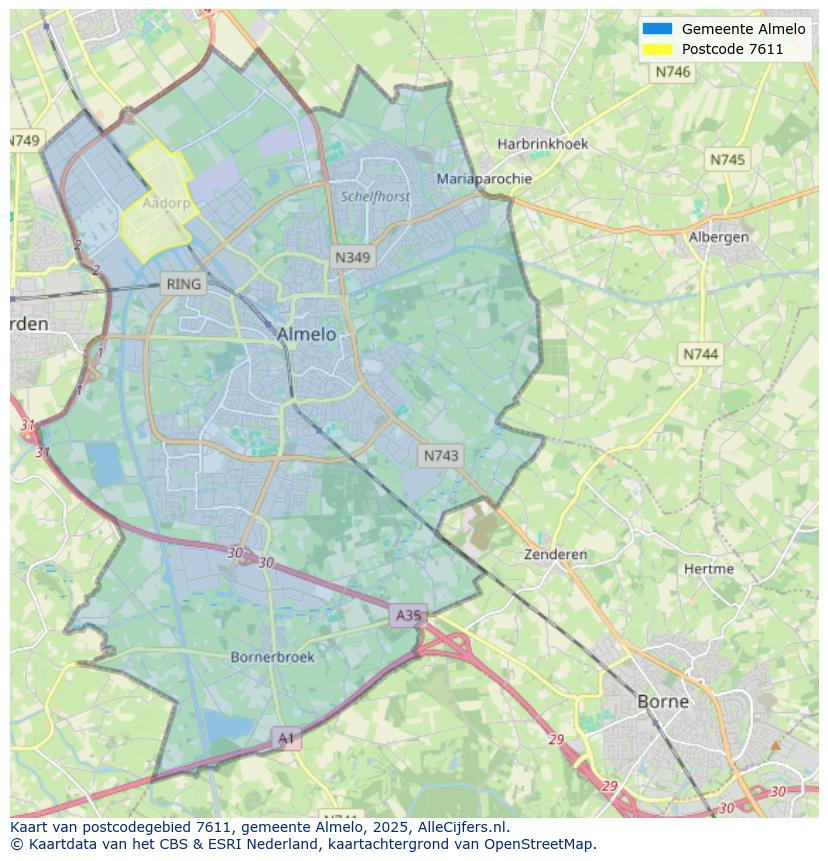 Afbeelding van het postcodegebied 7611 op de kaart.