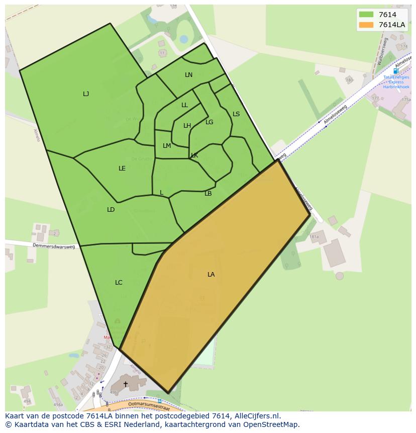 Afbeelding van het postcodegebied 7614 LA op de kaart.