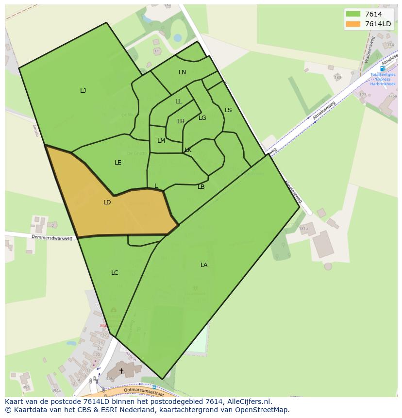 Afbeelding van het postcodegebied 7614 LD op de kaart.