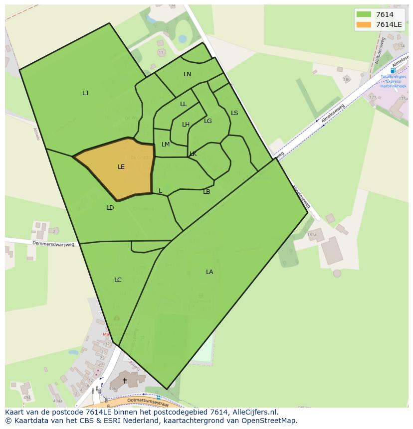 Afbeelding van het postcodegebied 7614 LE op de kaart.