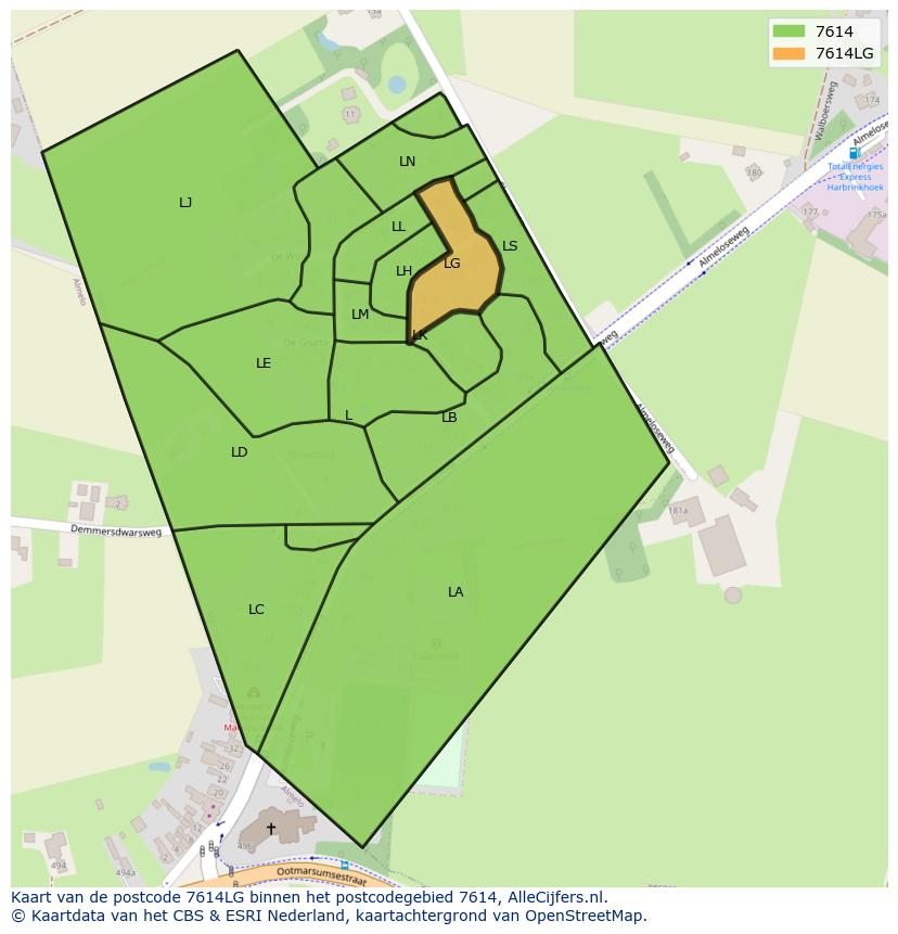 Afbeelding van het postcodegebied 7614 LG op de kaart.