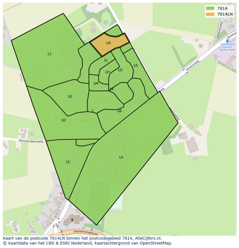 Afbeelding van het postcodegebied 7614 LN op de kaart.