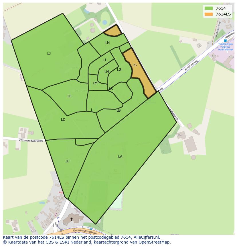 Afbeelding van het postcodegebied 7614 LS op de kaart.