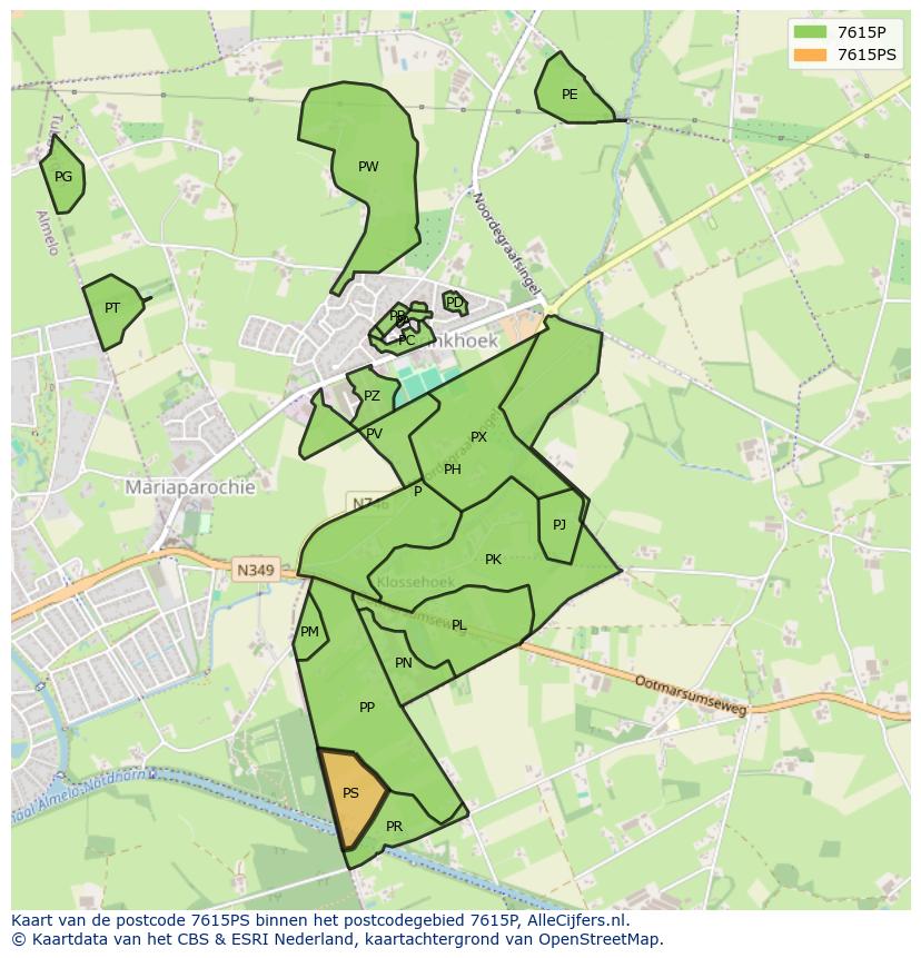 Afbeelding van het postcodegebied 7615 PS op de kaart.