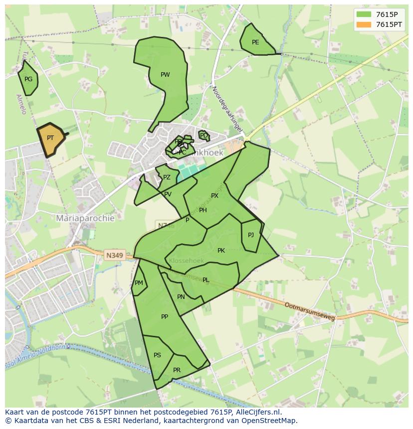 Afbeelding van het postcodegebied 7615 PT op de kaart.