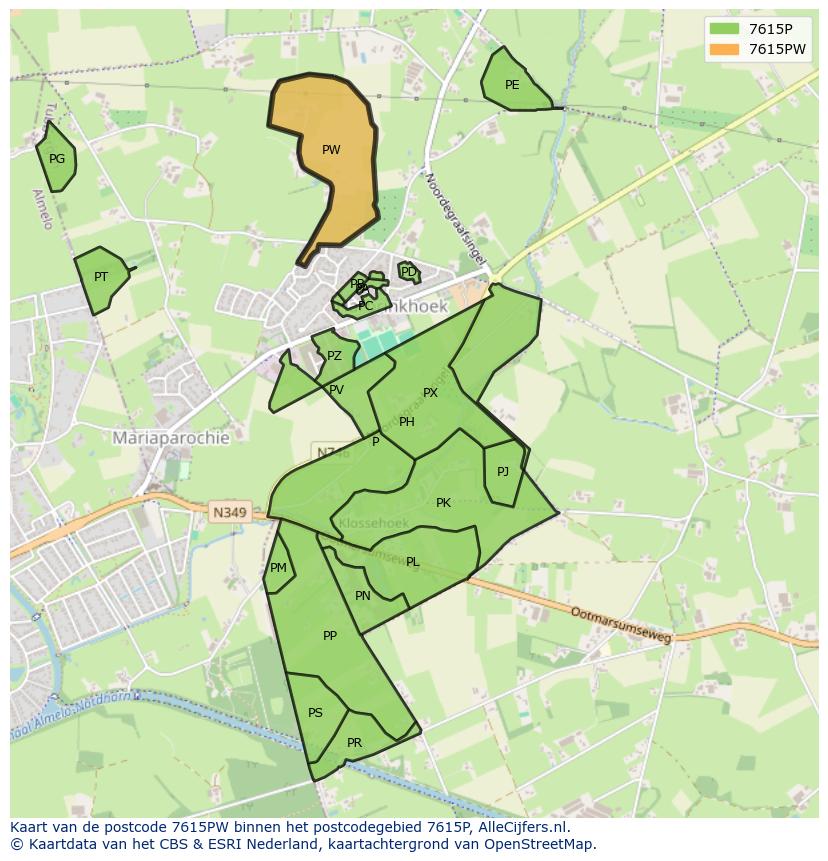 Afbeelding van het postcodegebied 7615 PW op de kaart.
