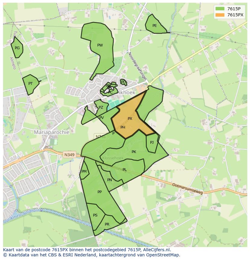 Afbeelding van het postcodegebied 7615 PX op de kaart.