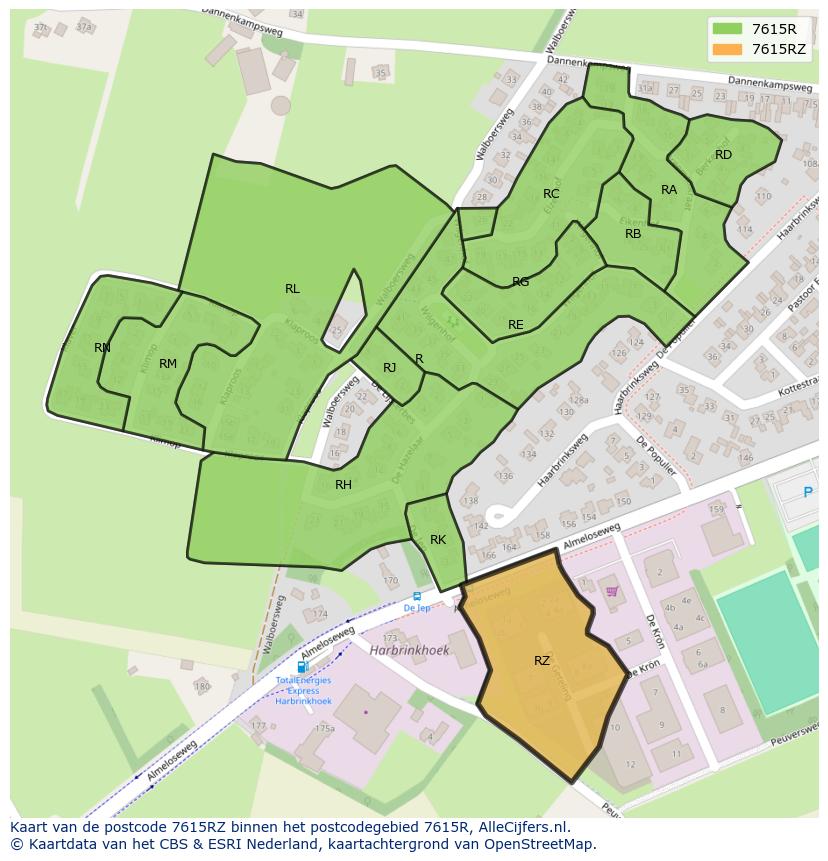 Afbeelding van het postcodegebied 7615 RZ op de kaart.