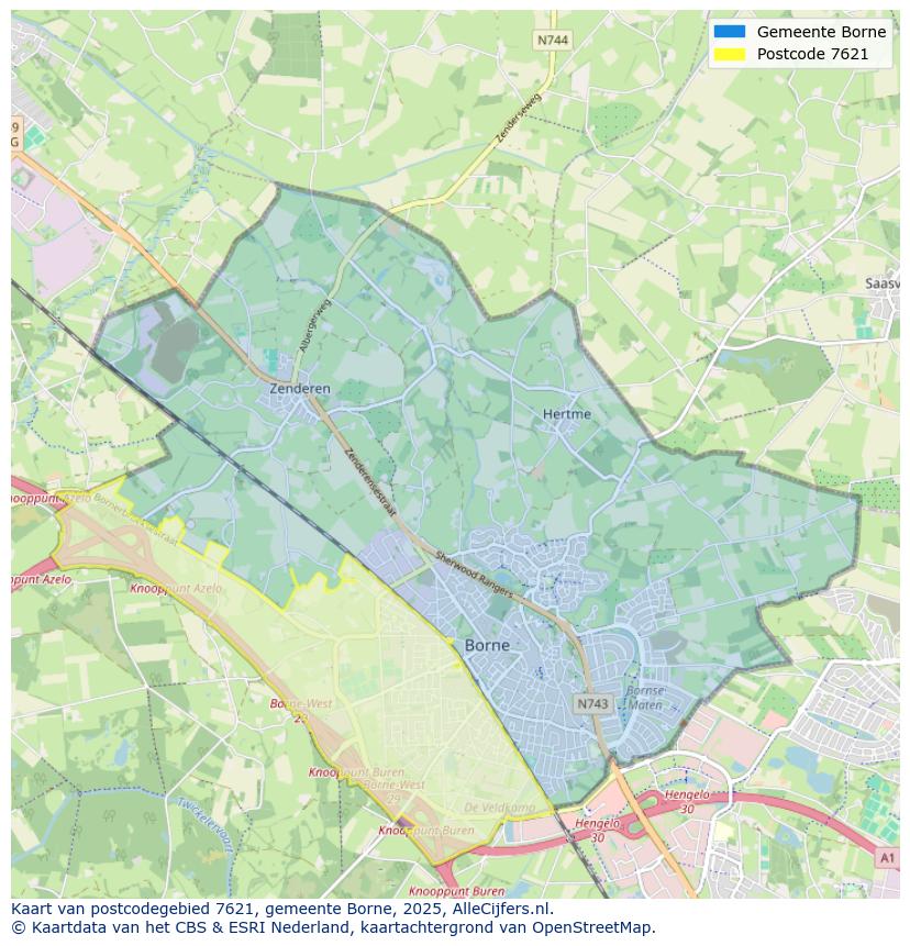 Afbeelding van het postcodegebied 7621 op de kaart.