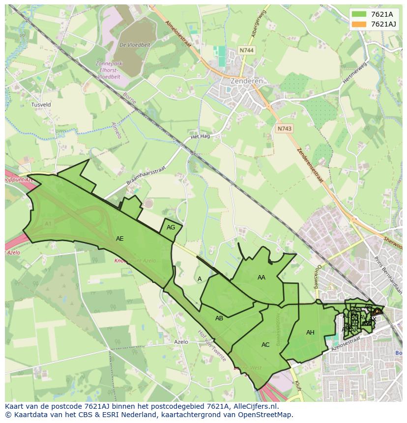 Afbeelding van het postcodegebied 7621 AJ op de kaart.