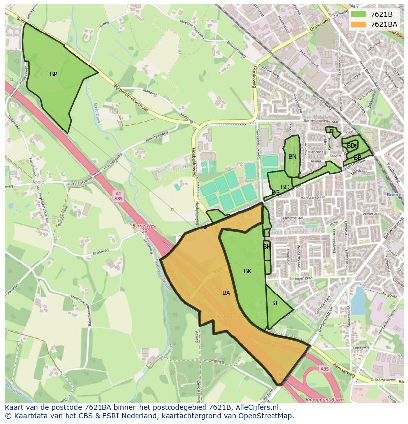 Afbeelding van het postcodegebied 7621 BA op de kaart.