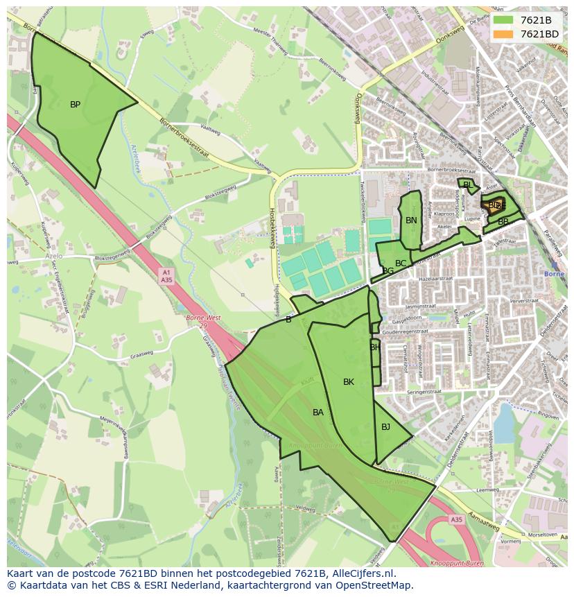 Afbeelding van het postcodegebied 7621 BD op de kaart.