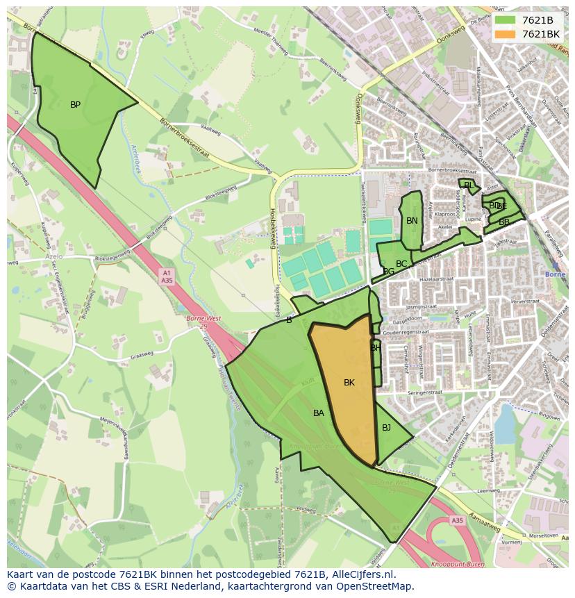 Afbeelding van het postcodegebied 7621 BK op de kaart.