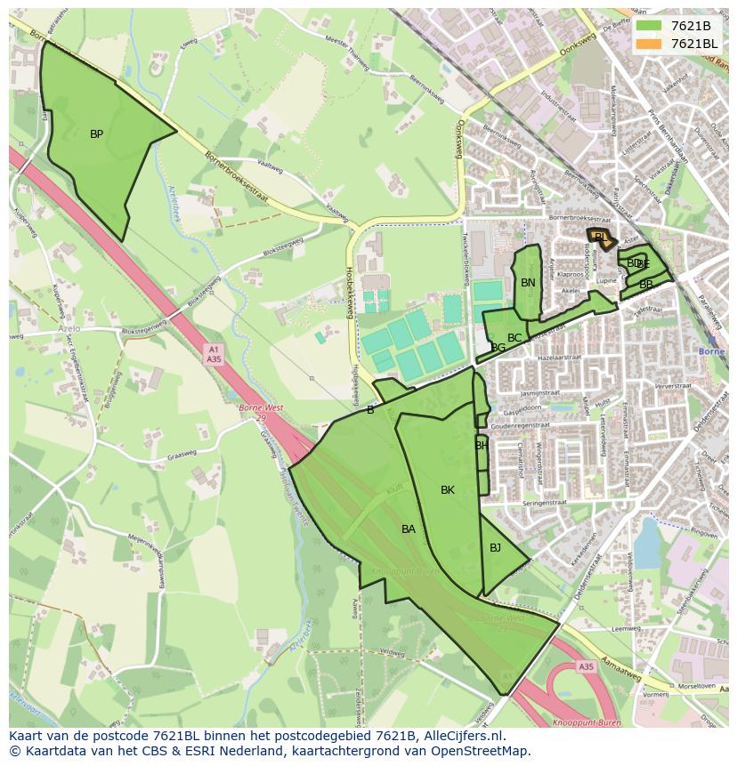 Afbeelding van het postcodegebied 7621 BL op de kaart.