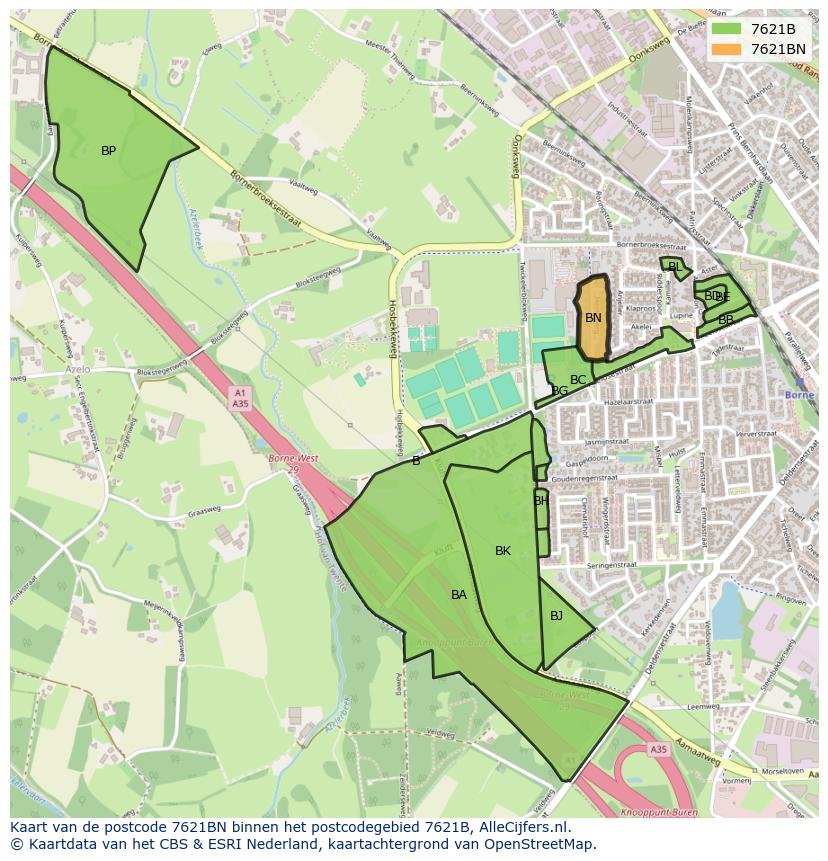 Afbeelding van het postcodegebied 7621 BN op de kaart.