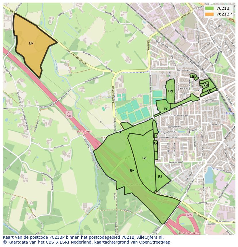 Afbeelding van het postcodegebied 7621 BP op de kaart.