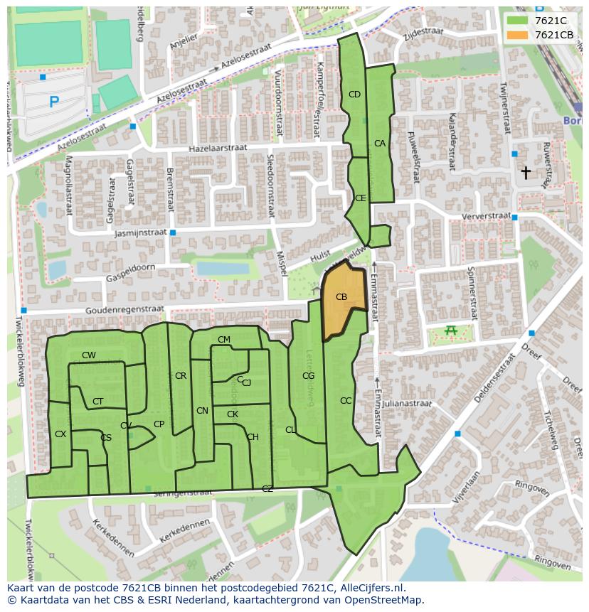 Afbeelding van het postcodegebied 7621 CB op de kaart.