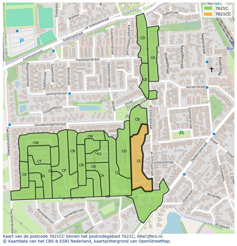 Afbeelding van het postcodegebied 7621 CC op de kaart.