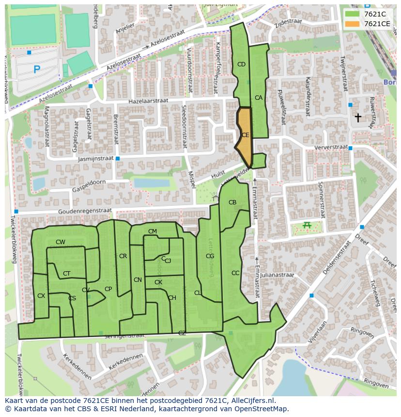 Afbeelding van het postcodegebied 7621 CE op de kaart.