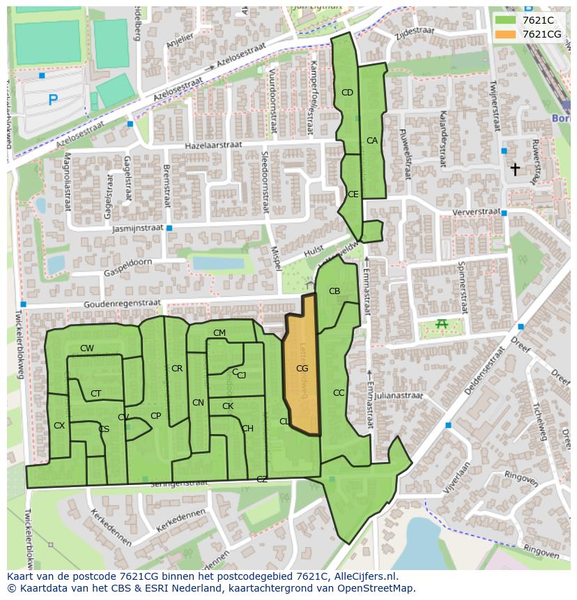Afbeelding van het postcodegebied 7621 CG op de kaart.